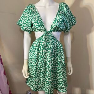 Green and White Leopard Cut Out Mini Dress